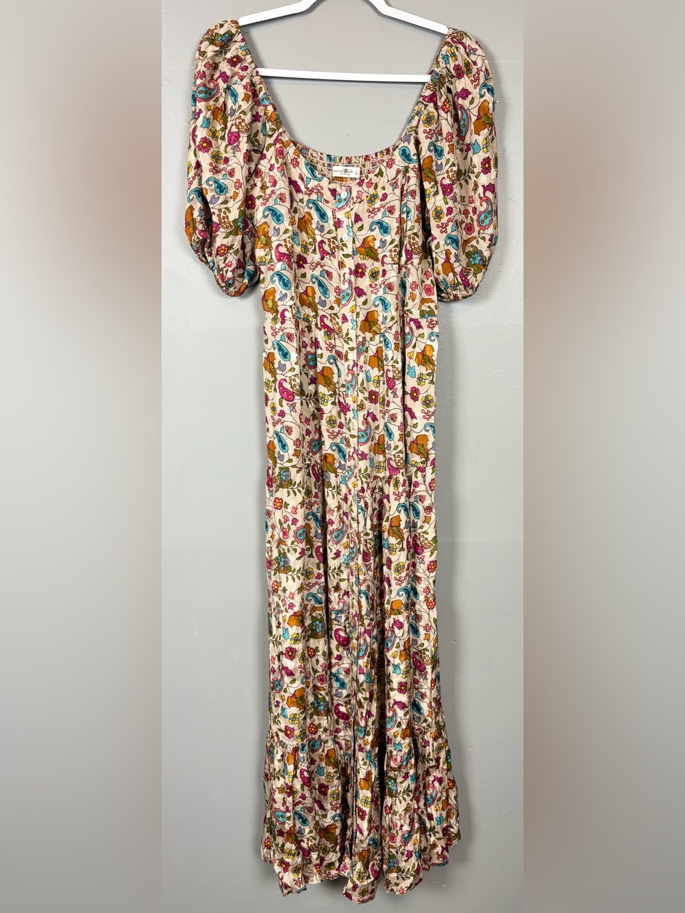 Natural Life Floral Satiny Flowy Stretchy Smocked Tiered Button Down Maxi Dress - Picture 10 of 12